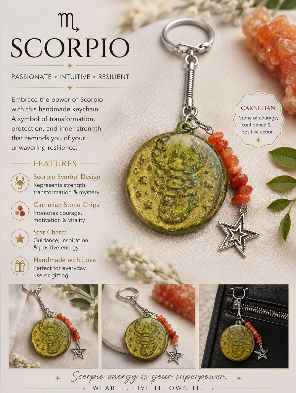 Scorpio Zodiac Keychain with Carnelian Chips
